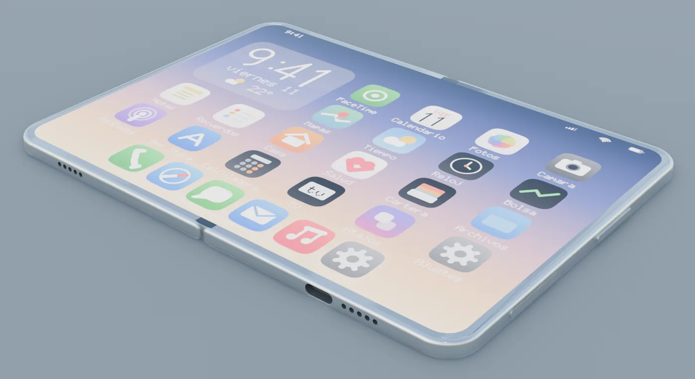 Concepto de teléfono plegable abierto, con la interfaz encendida