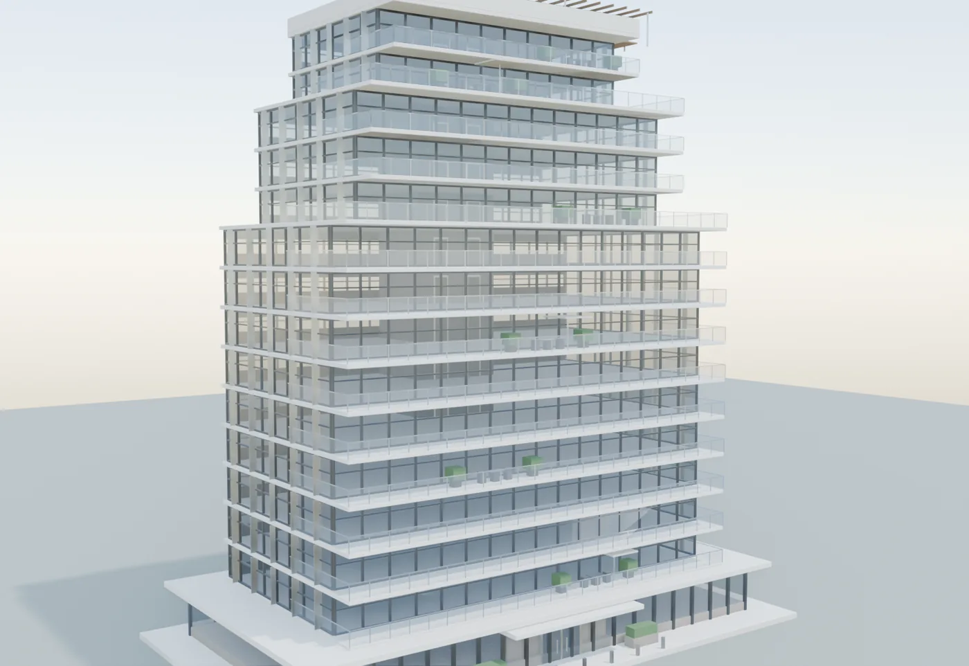 Torre residencial de catorce plantas con muro cortina